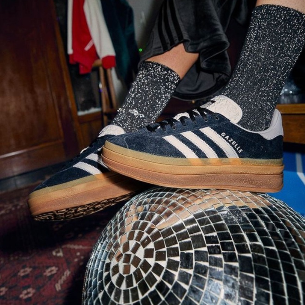 adidas Platform Gazelle Black Suede Sneakers with White Stripes and Gum Sole